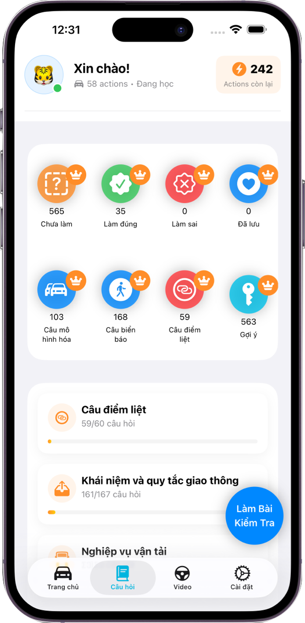 Màn hình học thi lý thuyết GPLX VN