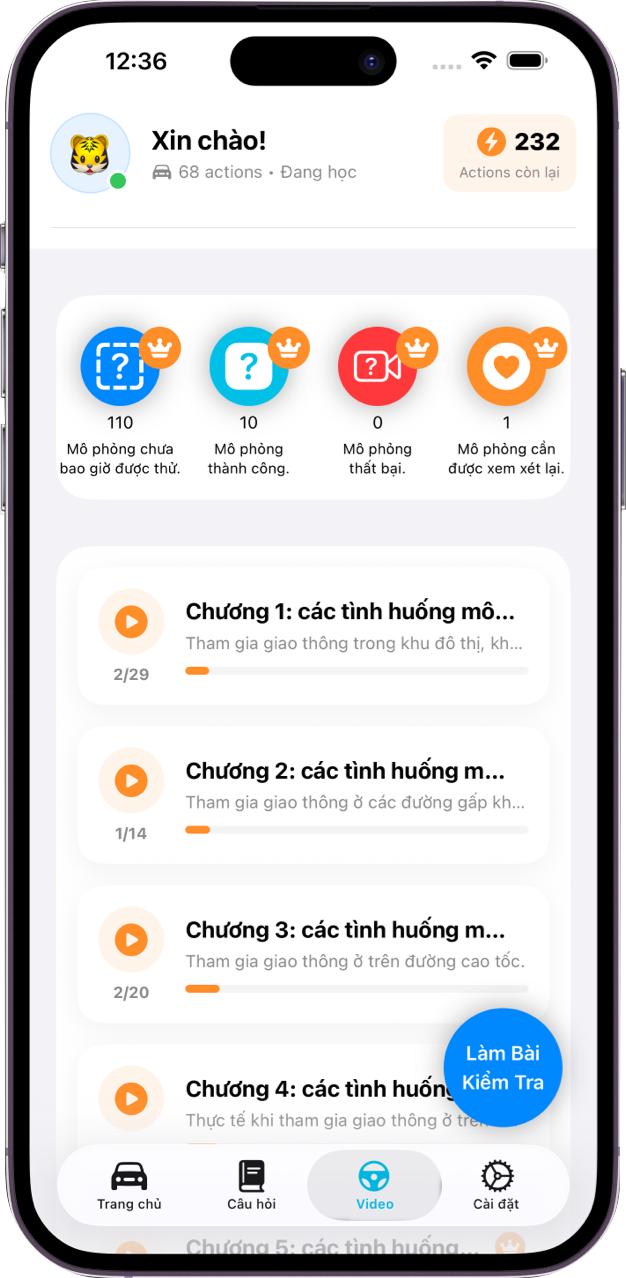 Màn hình học thi mô phỏng GPLX VN